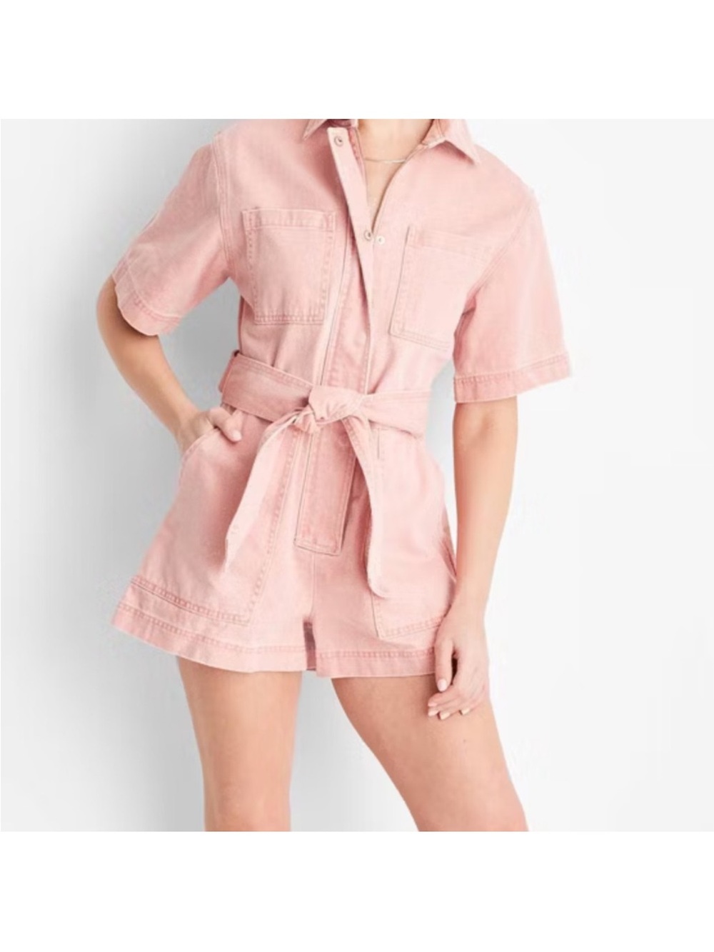 Pink Short-Sleeve Denim Romper with Waist Tie